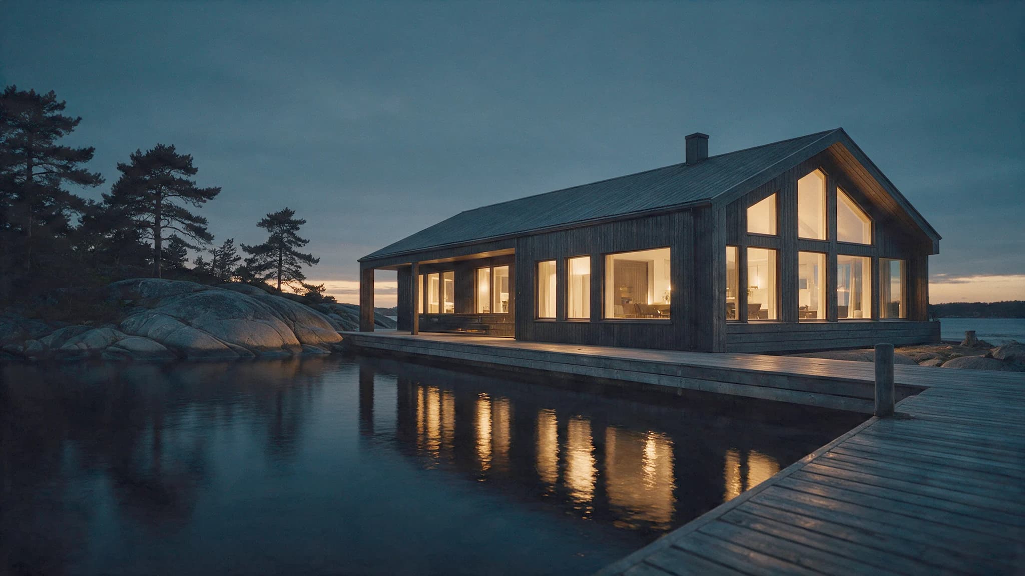 Villa vid vattnet i skymning