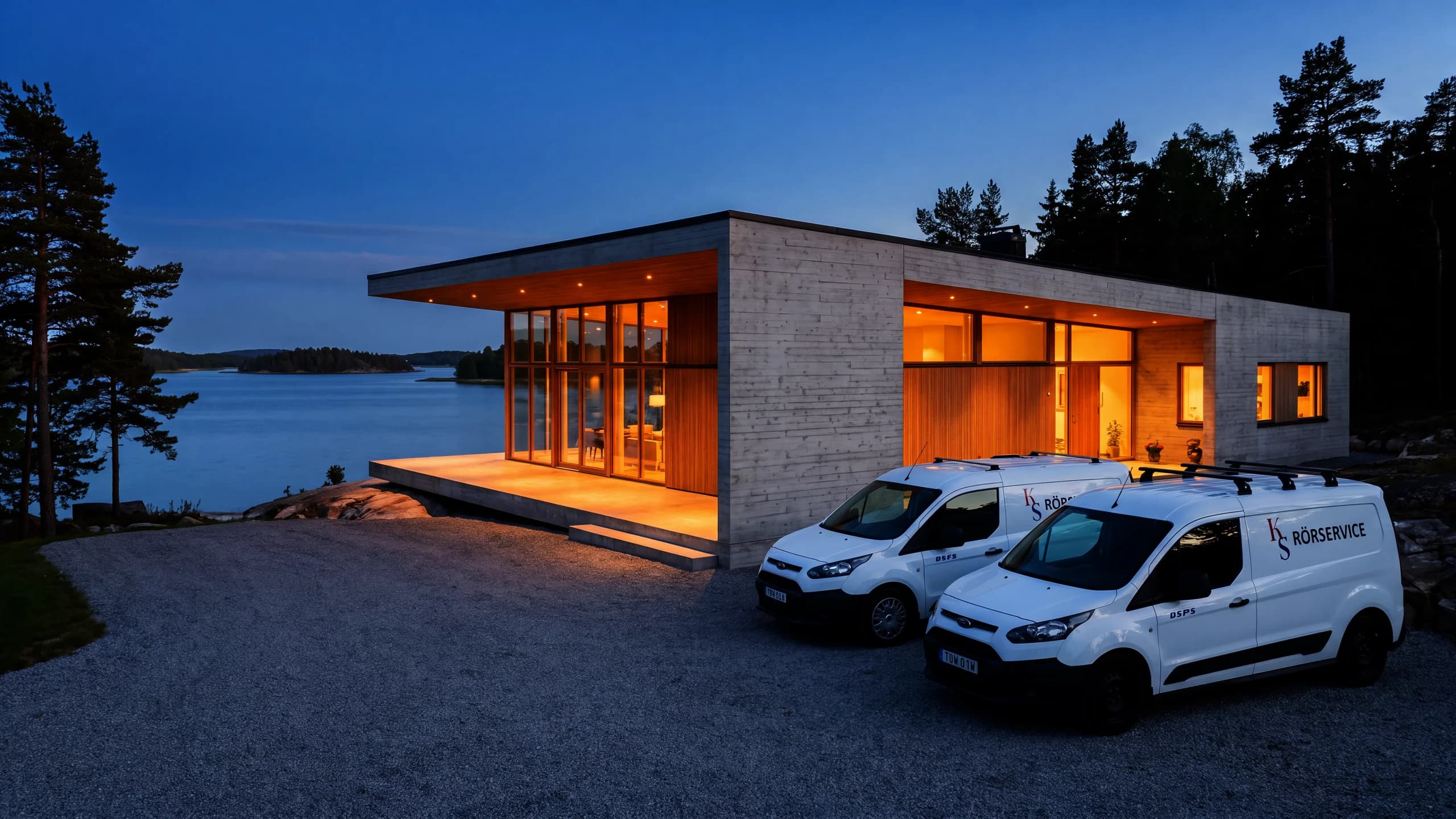 Villa med KS Rörservice servicebil på uppfarten